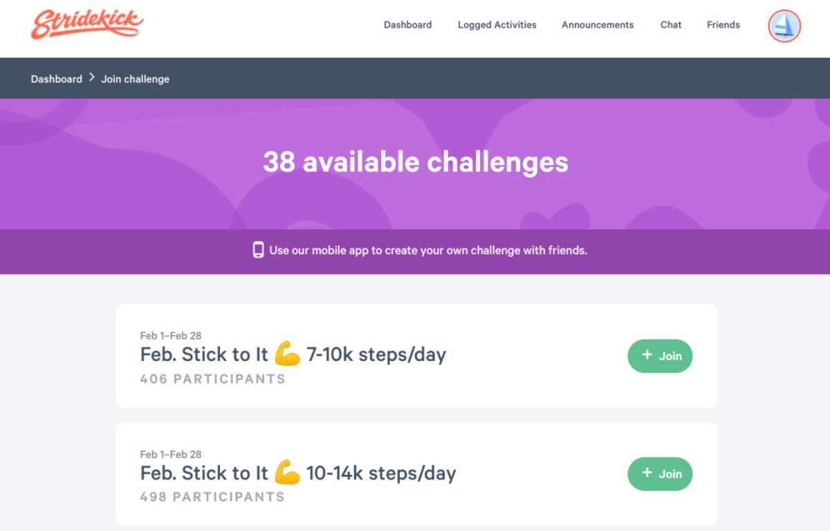 Stridekick is a social walking app to participate in community and private step count challenges