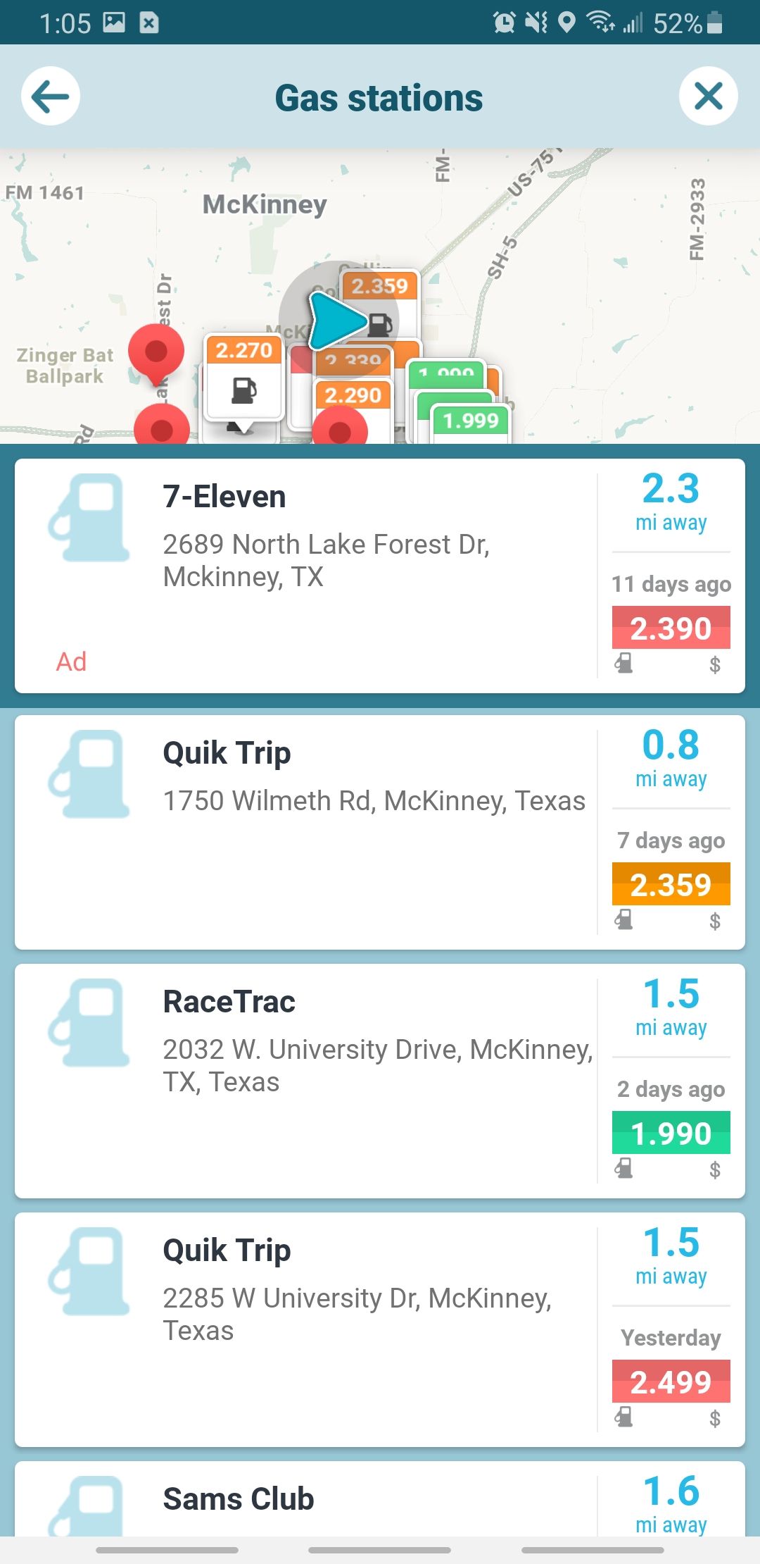 waze app gas stations page with nearby gas stations and prices