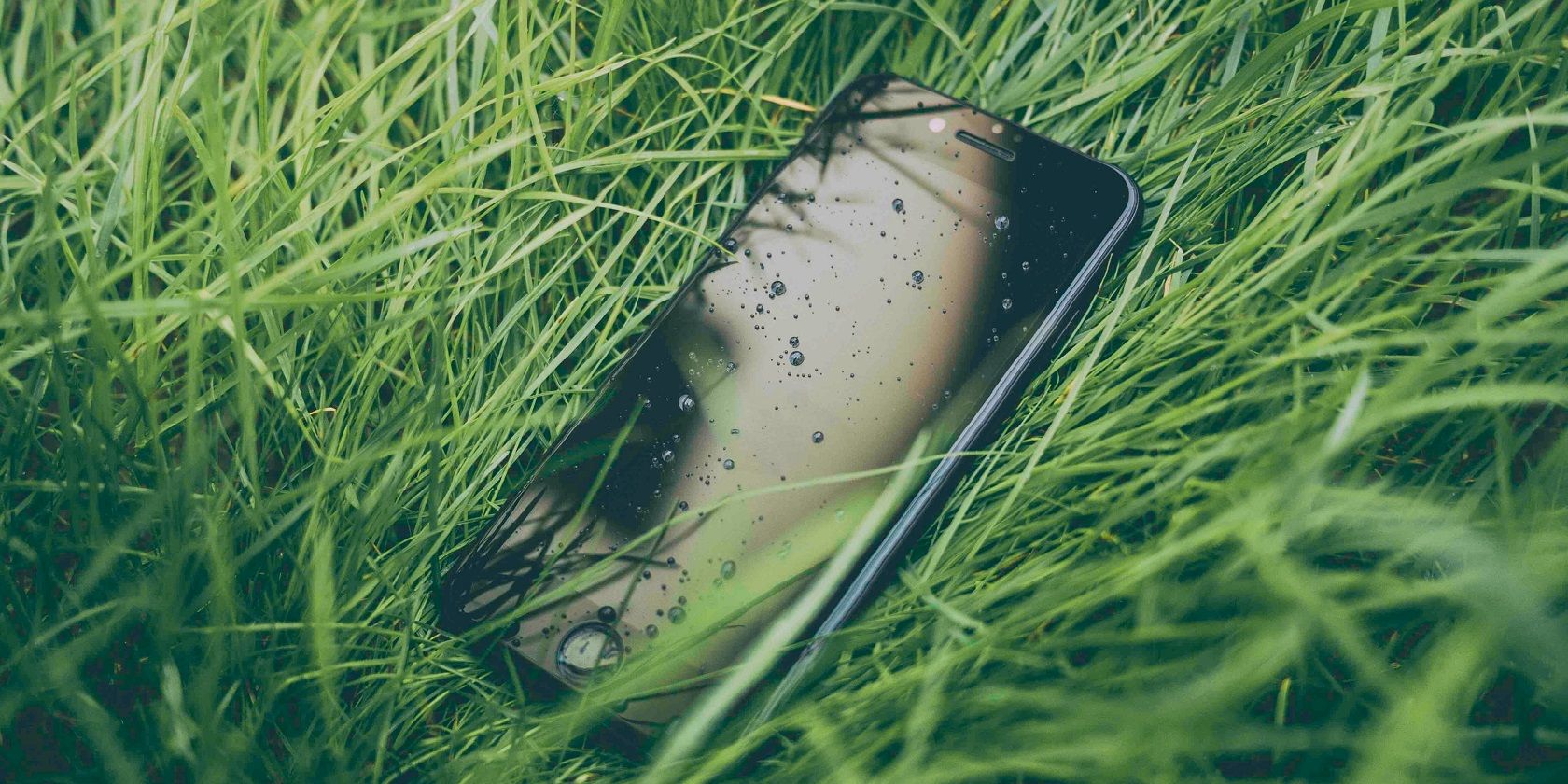 Black iPhone on wet grass.