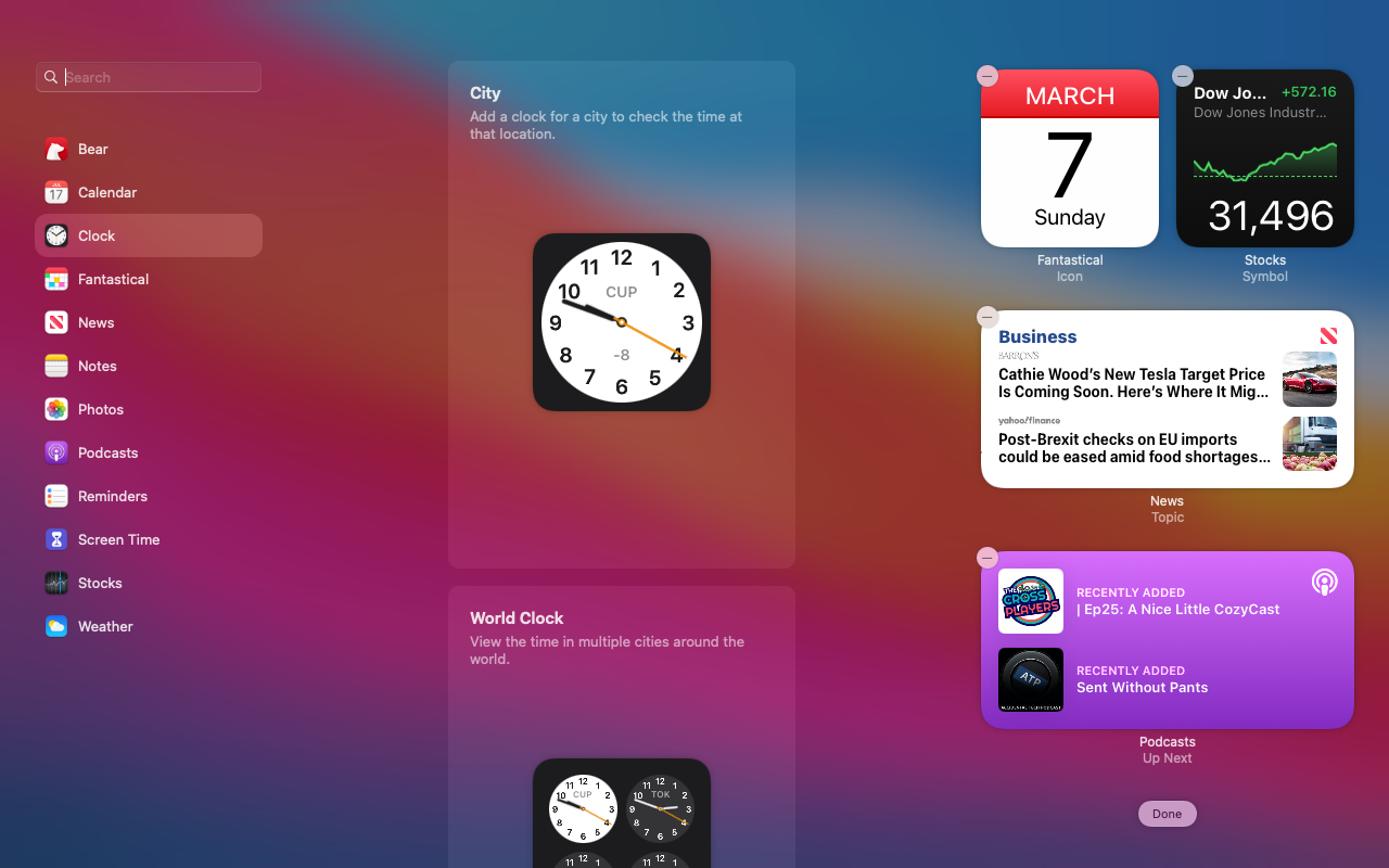 A screenshot showing macOS widgets in edit mode