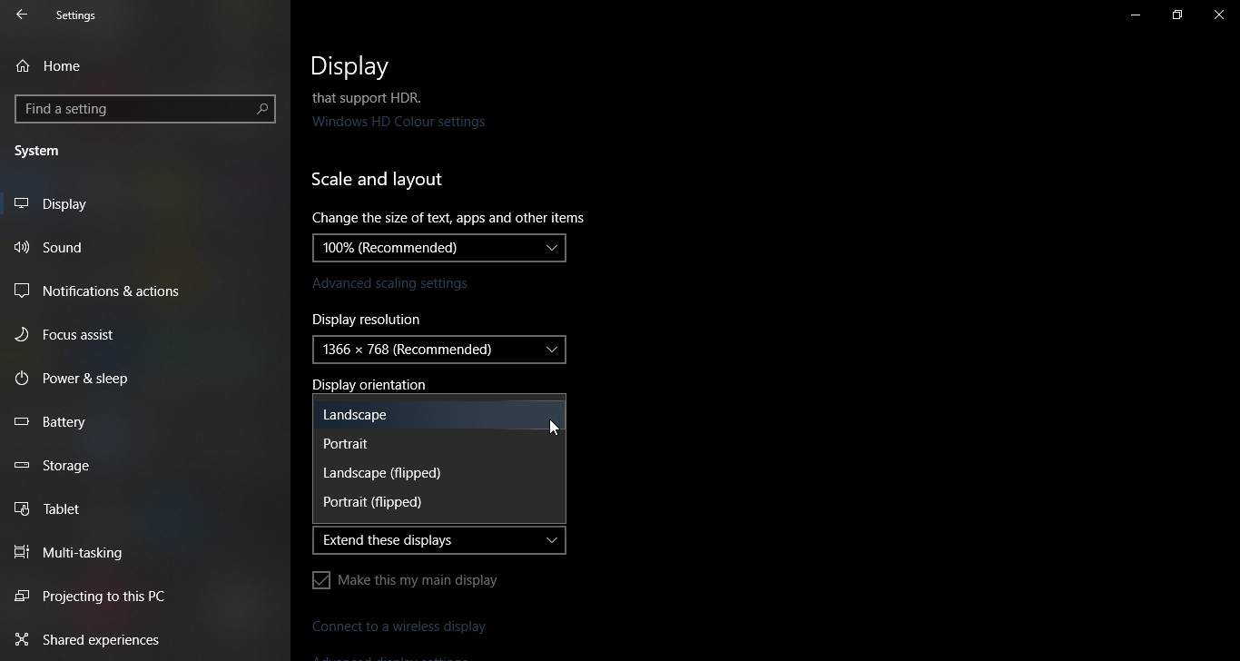 Changing the screen orientation in Windows 10