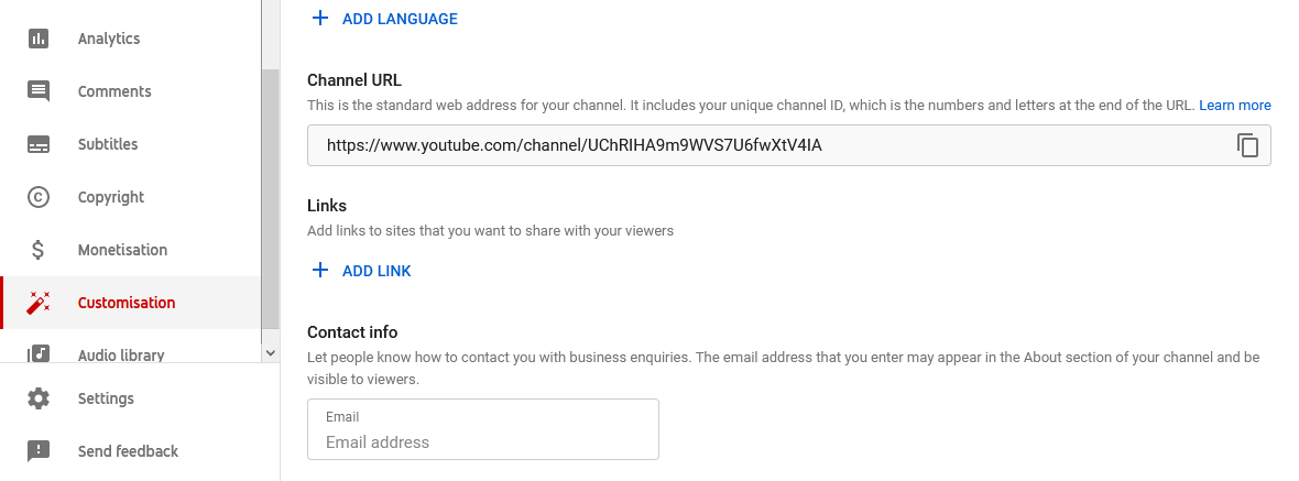 YouTube Basic Info Customization Options