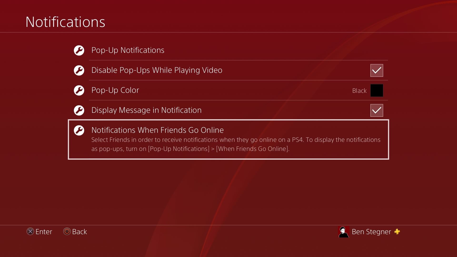 PS4 Notification Options Menu