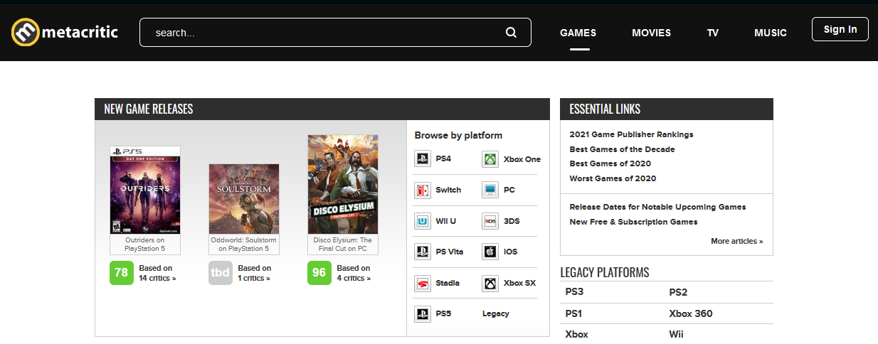 04 Metacritic 2021 Screenshot - I 7 migliori siti di notizie di gioco e siti di recensioni di giochi