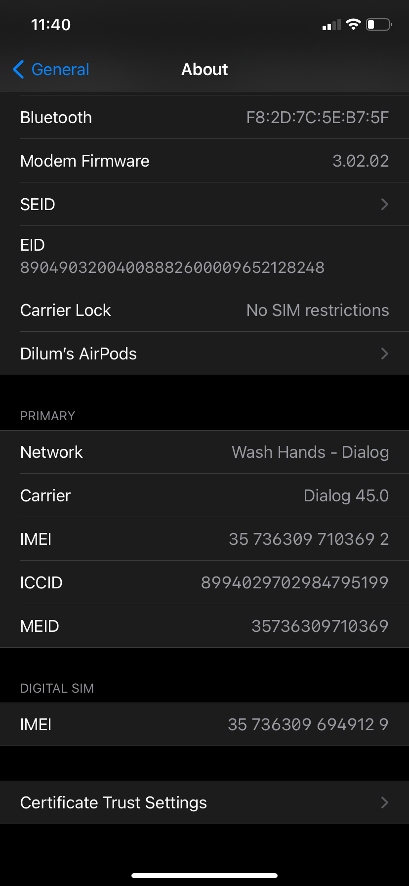 About iPhone Settings showing AirPod options.