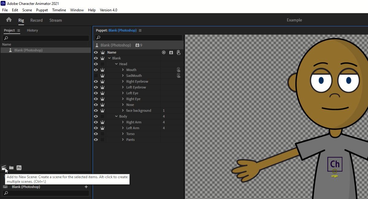 Adding a Puppet to a Scene in Character Animator