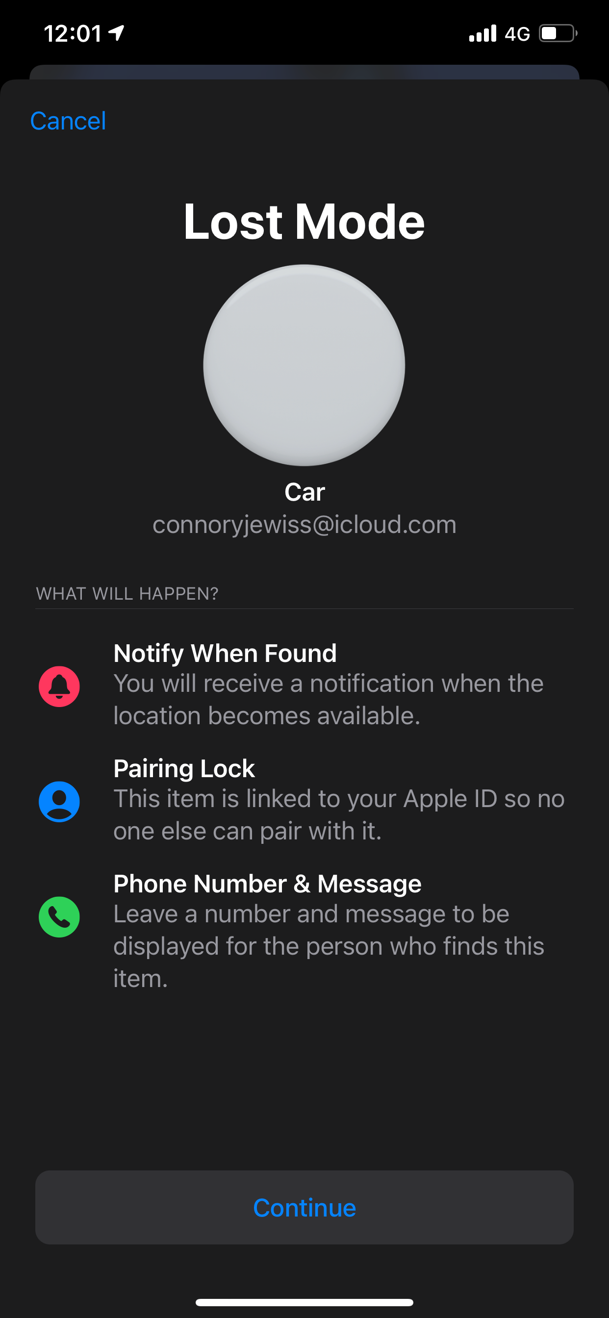 A screenshot of using the Find My app to enable Lost Mode on an AirTag
