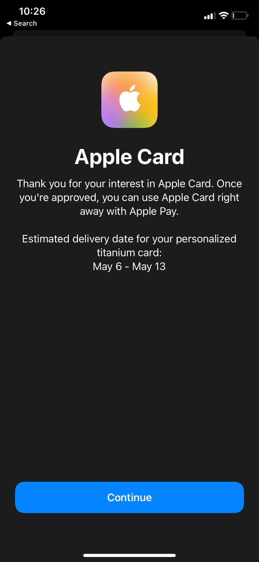 Screenshot of the first page of the Apple Card application