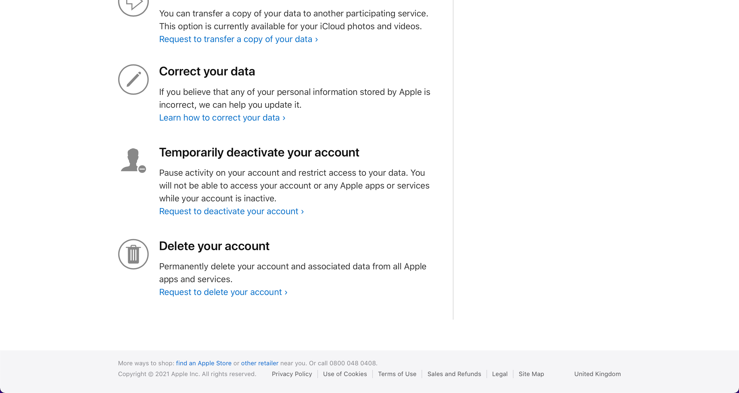 A screenshot of the option to delete all data on Apple's Data & Privacy page