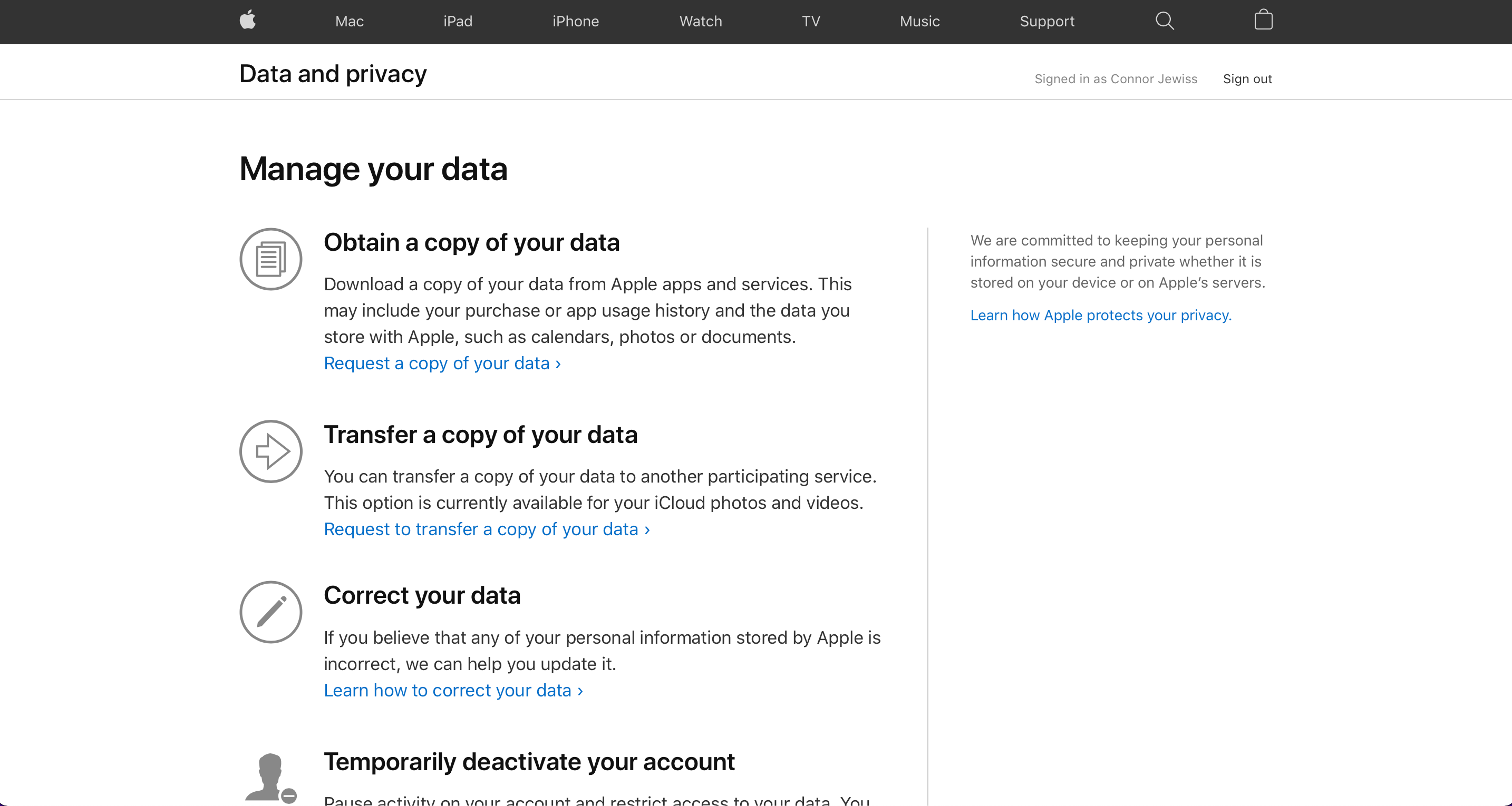 A screenshot of Apple's Data & Privacy homepage