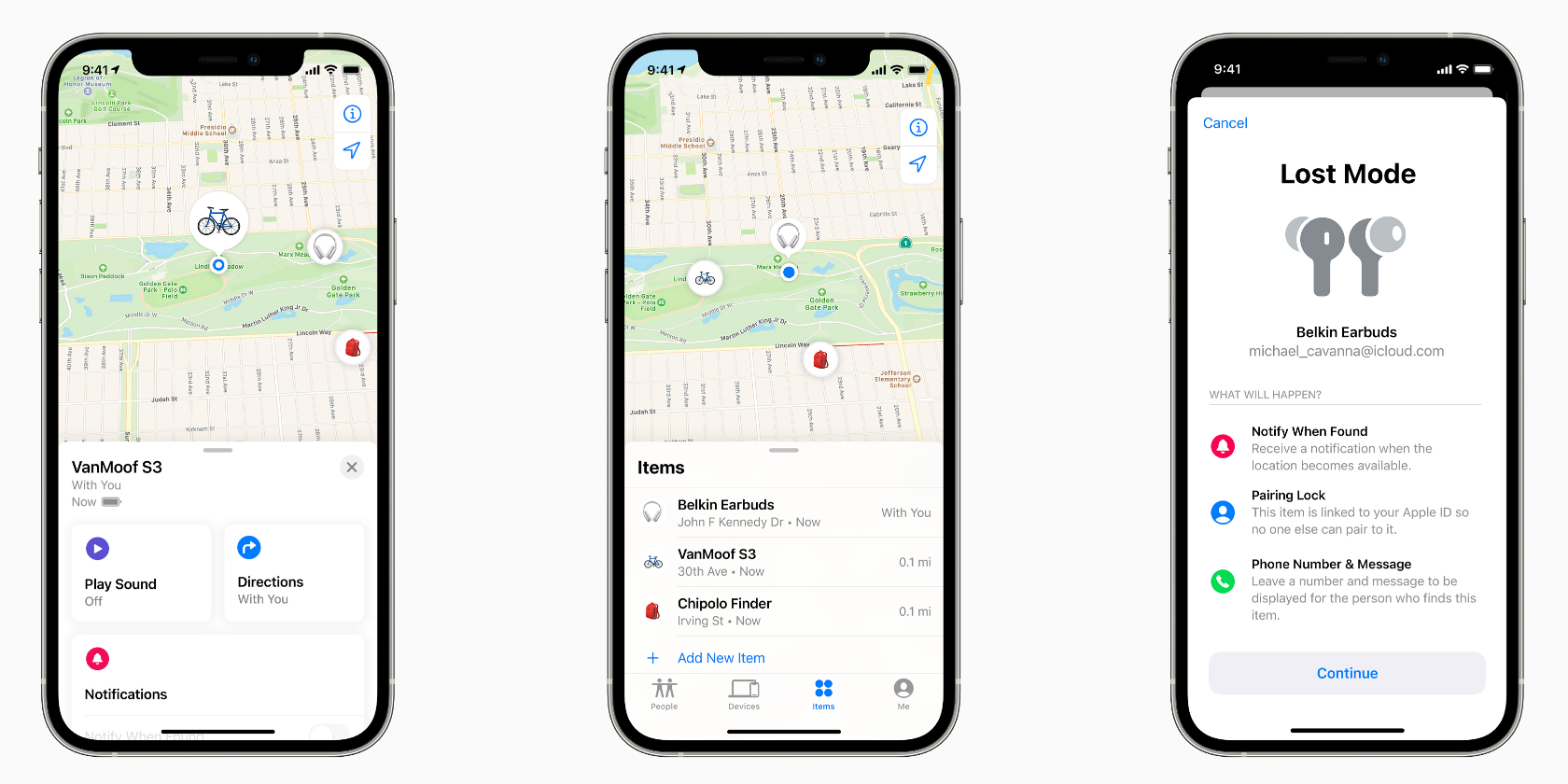 Three iPhone screenshots depicting the Item tab in the Apple Find My app with a WanMoof S3 e-bike and a Chipolo item finder on a map, plus Belkin's earbuds in Lost Mode