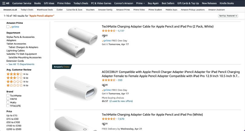 A screenshot of the top Amazon listings when looking for a replacement Apple Pencil adapter