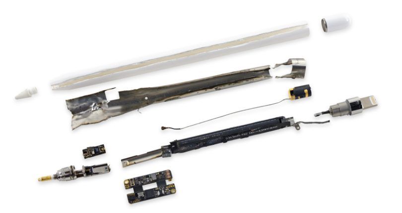 The components of the Apple Pencil from a teardown