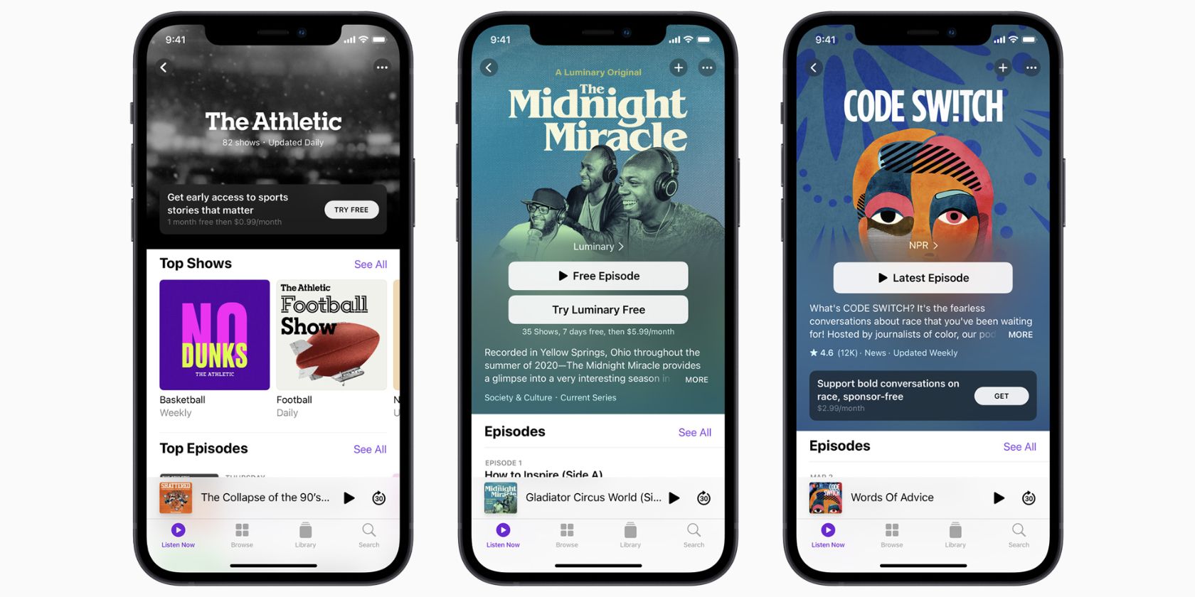 The new Apple Podcasts subscriptions being showcased in the app on iPhone.