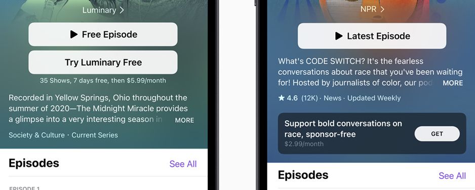Two Apple Podcast subscriptions and their prices shown in the spring event