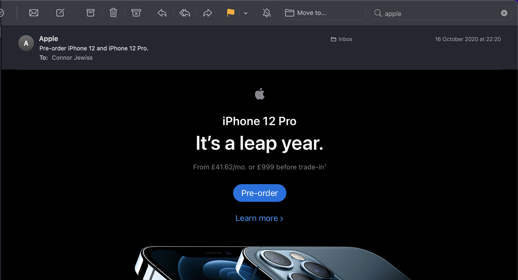 A screenshot of an email from Apple after the 2020 iPhone event