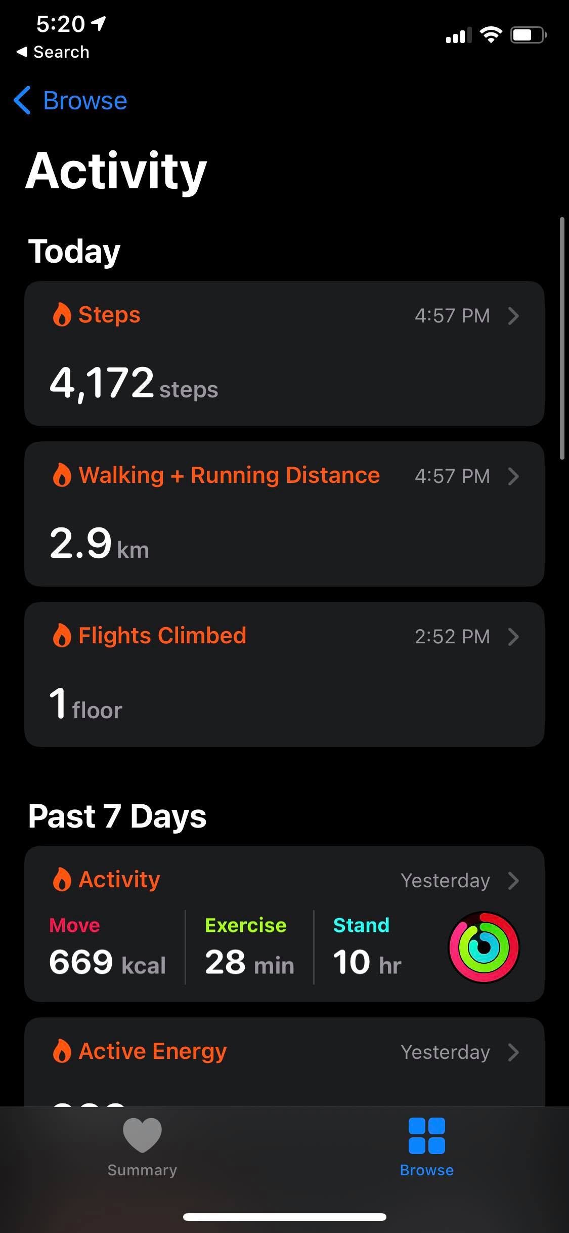 iPhone Health App Screenshot showing Activity Summary