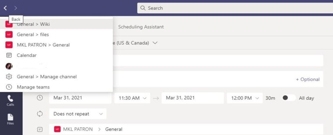 Back arrow microsoft teams