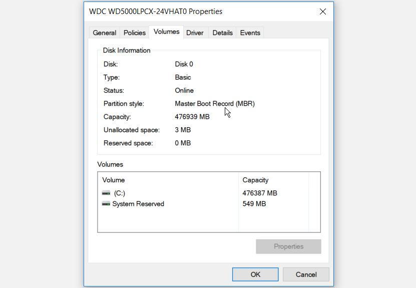 Checking the Partition style under Disk Information