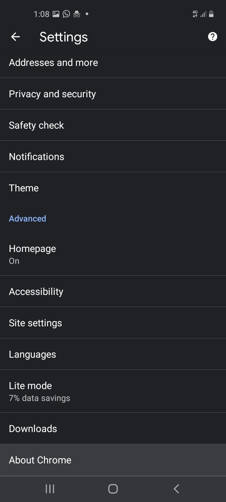 Screenshot image of chrome settings page on mobile browser. Chrome update step 3.