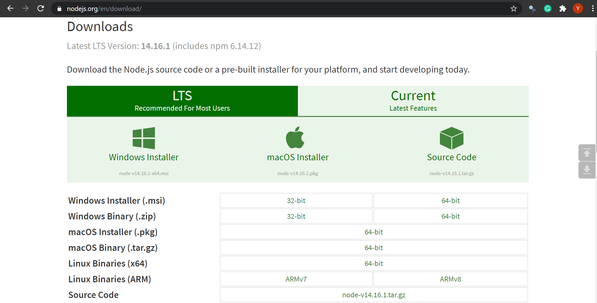 Downloads page of Node.js