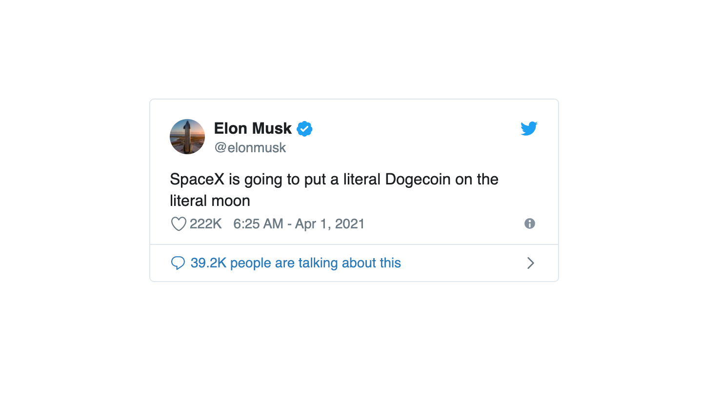 An embedded tweet by Elon Musk saying "SpaceX is going to put a literal Dogecoin on the literal moon"