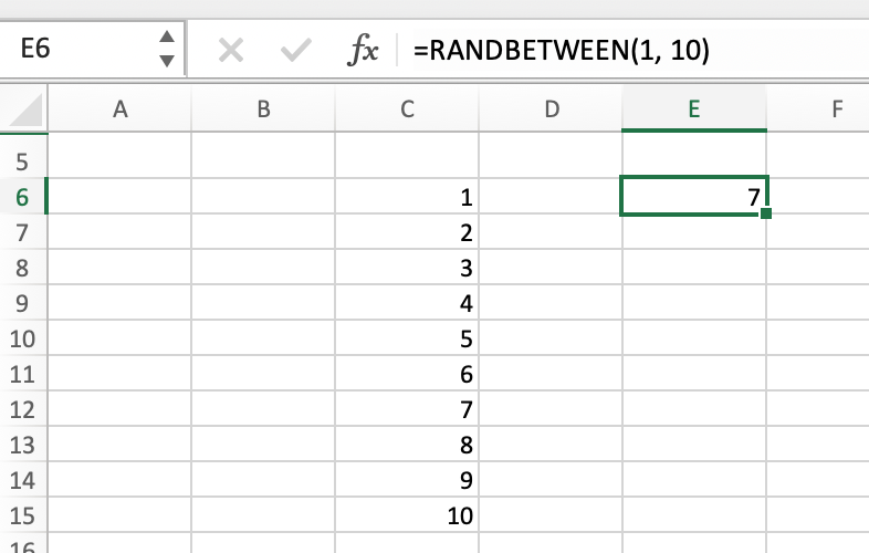 Using the function =RANDBETWEEN(1, 10)