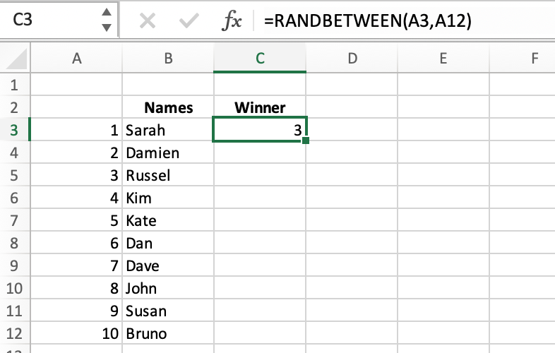 Excel random contestant winner - Come utilizzare la funzione RANDBETWEEN in Excel