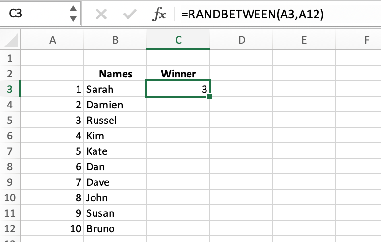 Verwendung der RANDBETWEEN-Funktion in Excel - Excel random contestant winner