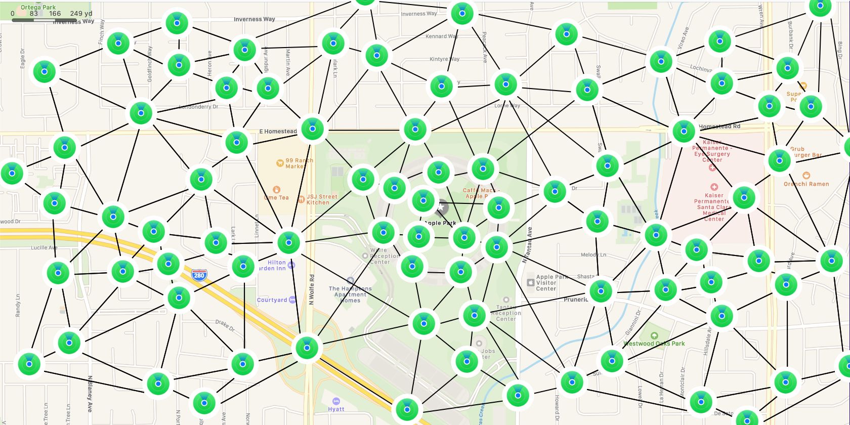 An example map of emulating what Apple's Find My network looks like.