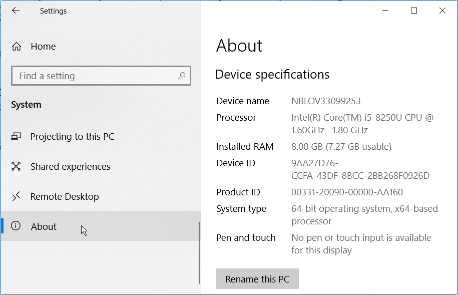 Finding PC specs using Windows System Settings