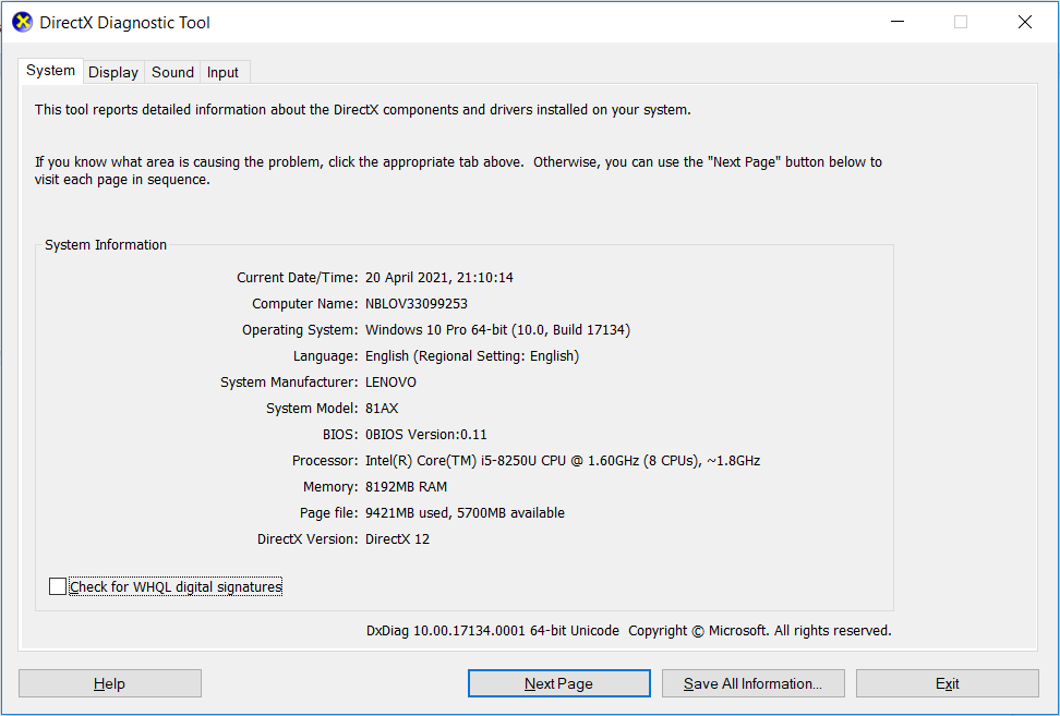 Finding PC specs using the DirectX Diagnostic Tool