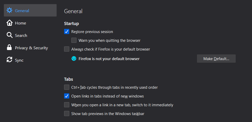 Firefox General Settings