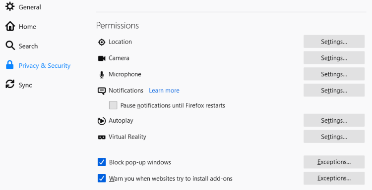 Firefox privacy and security permissions