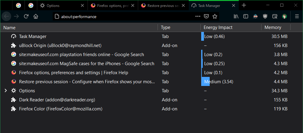 Firefox Task Manager Info