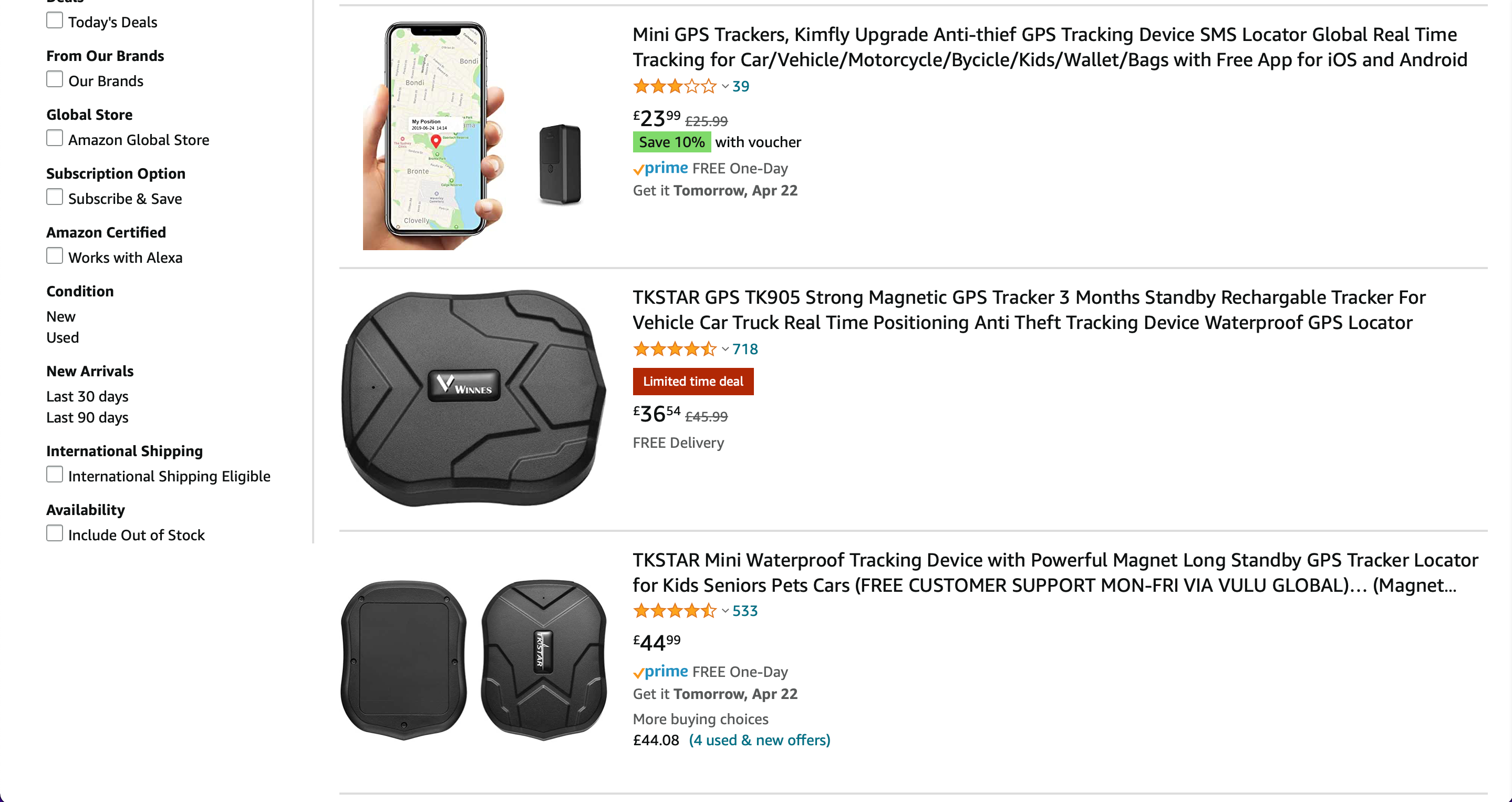 A range of dedicated GPS trackers found on Amazon