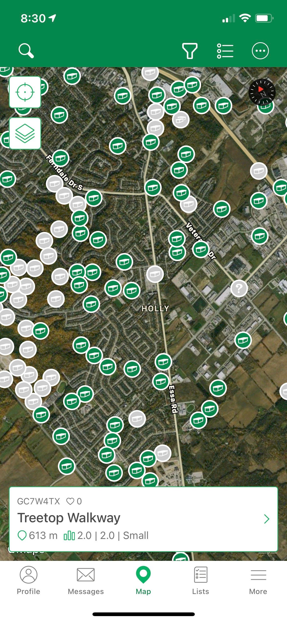 Geocaching Locations Map Screenshot.