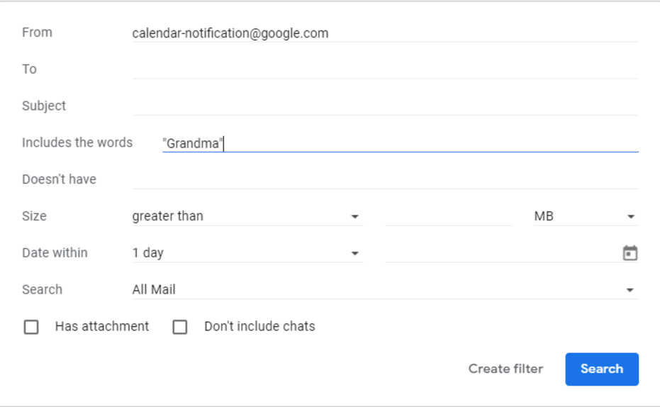 Gmail Filter in Google Calendar