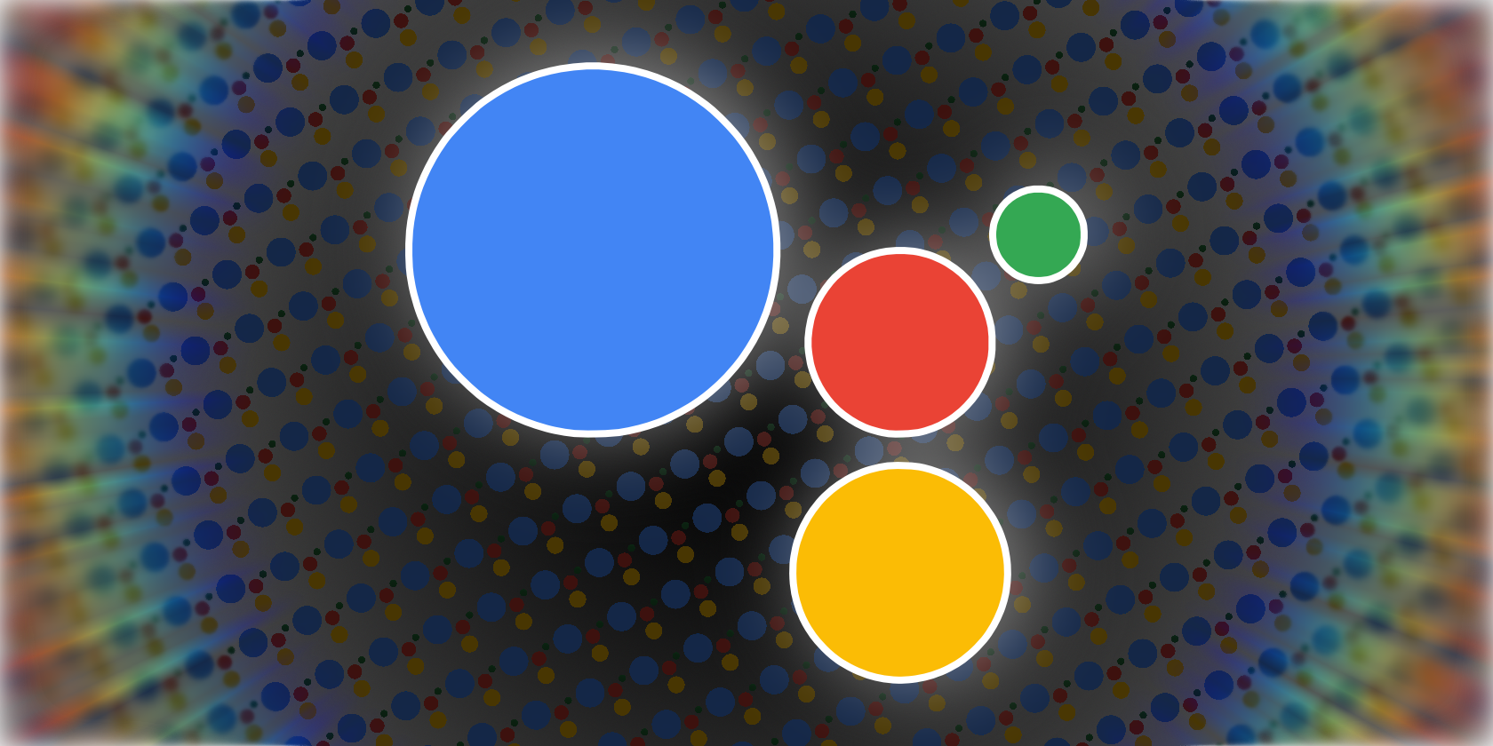 A teaser image showing a Google Assistant logo set against a dark-patterned background