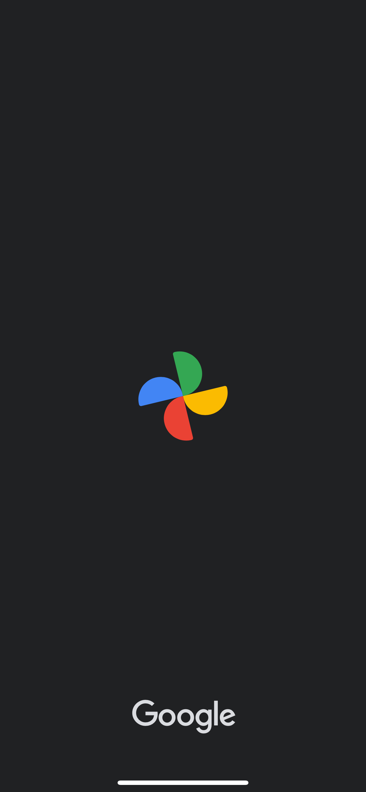 The splash screen for the Google Photos app which just shows the logo spinning.