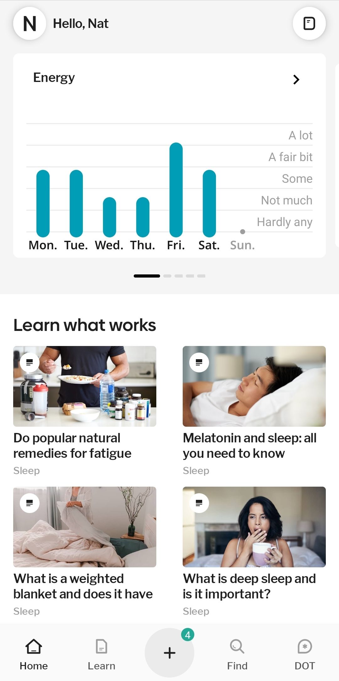 Healthily's home page showing trends in energy levels and some suggested reading