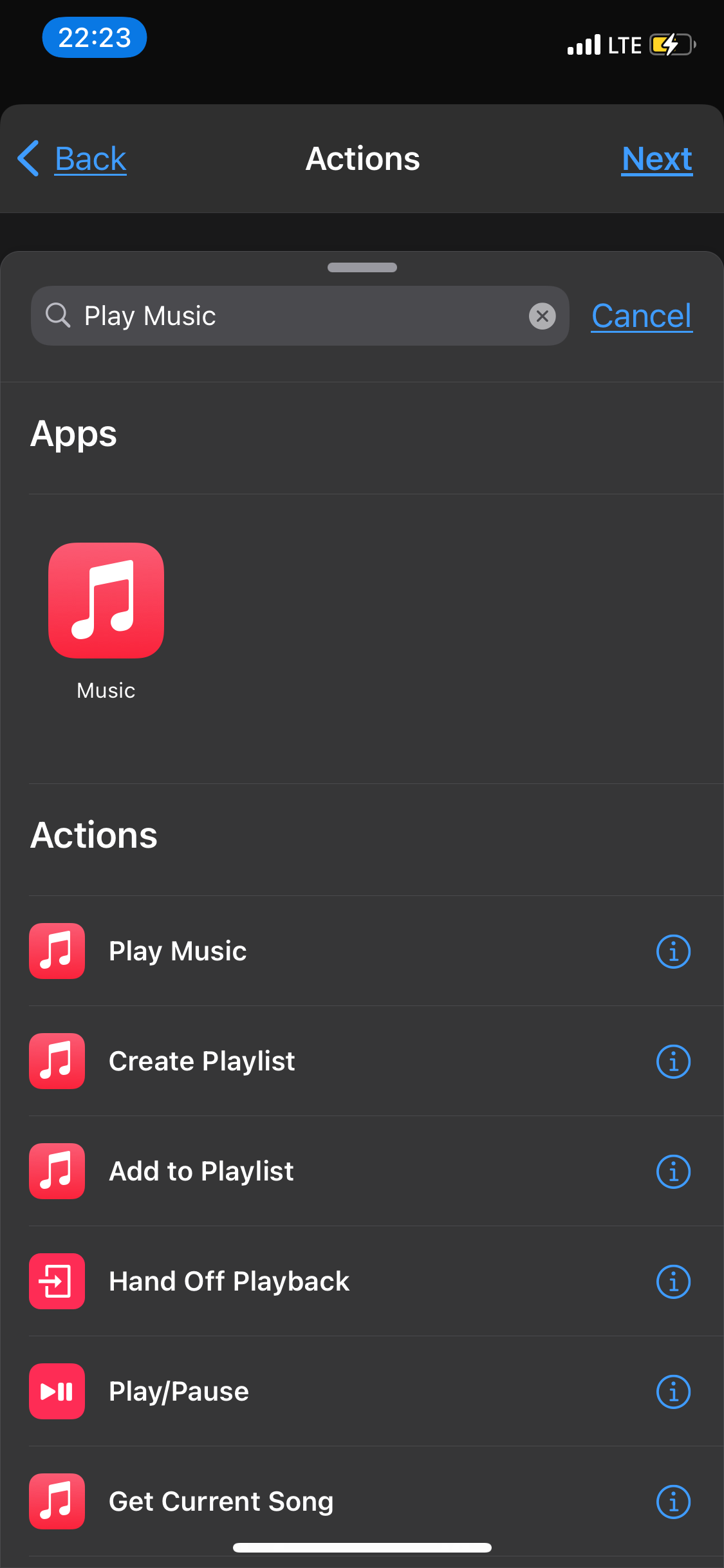 Music option in Shortcuts app.