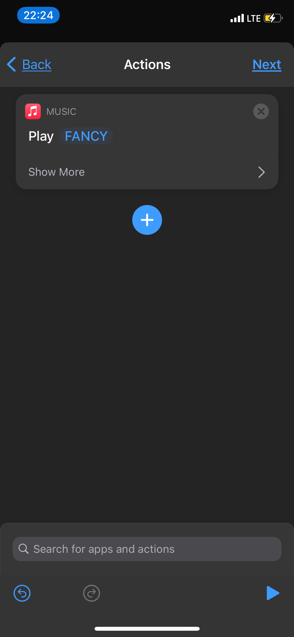 Shortcuts app showing Music action added to a shortcut.