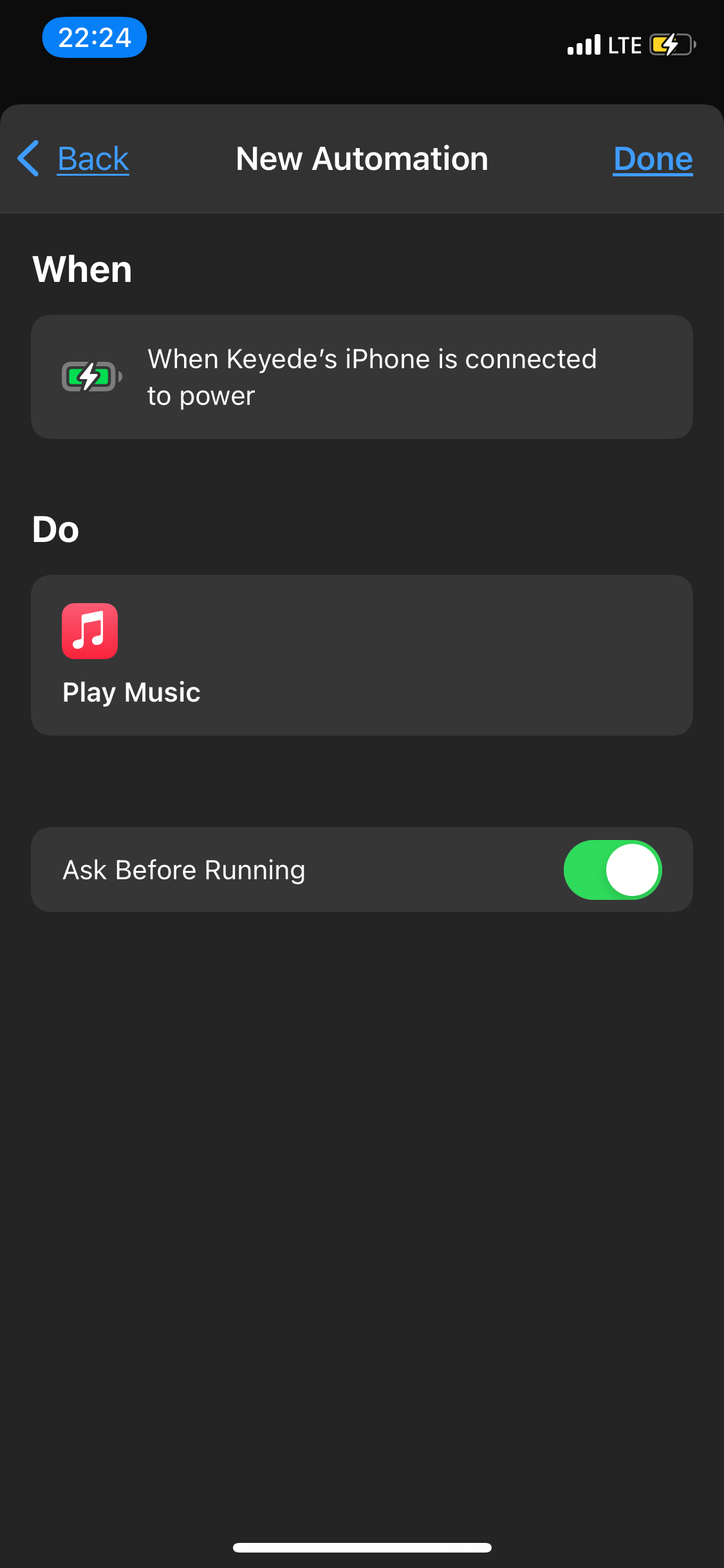 Ask before running option for Music shortcut.