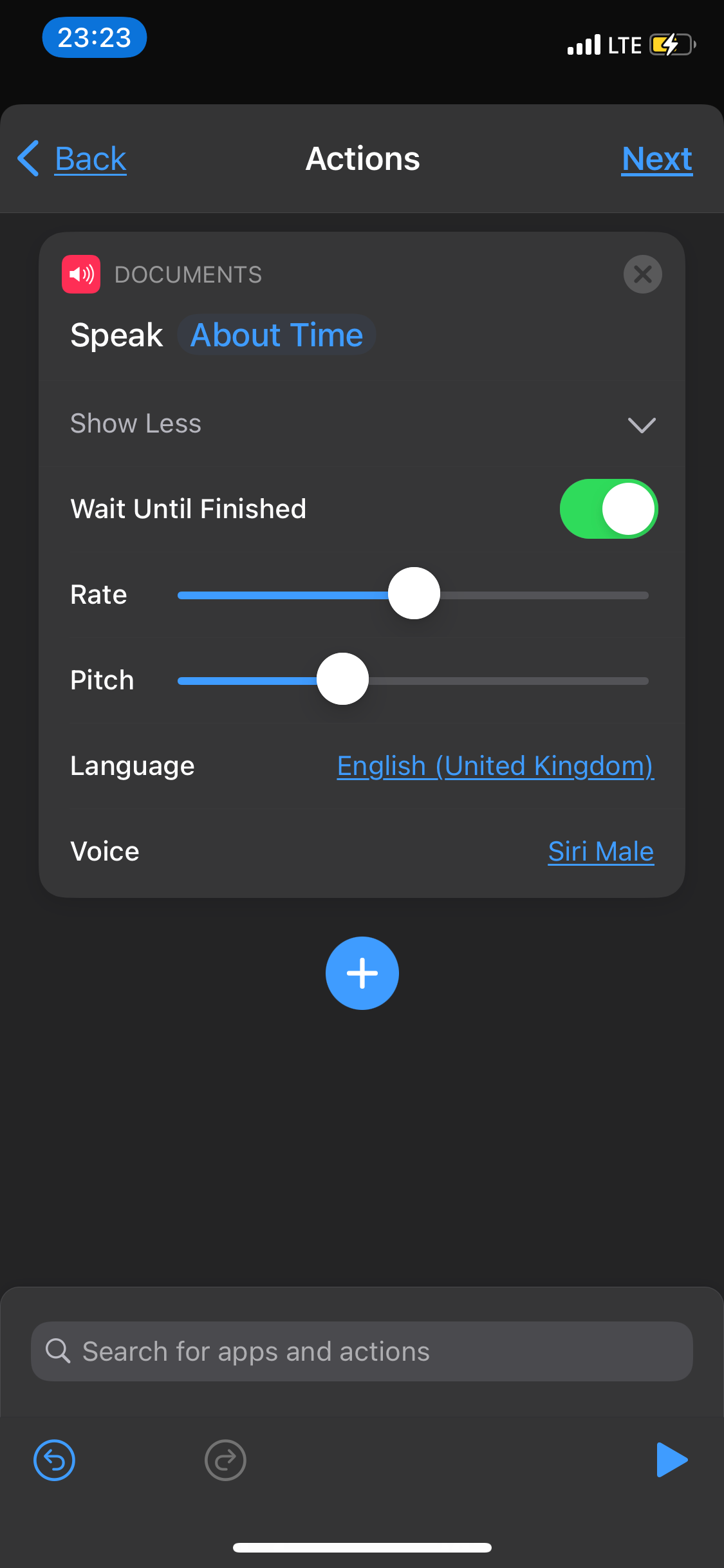 Siri options for Speak Text action in Shortcuts app.