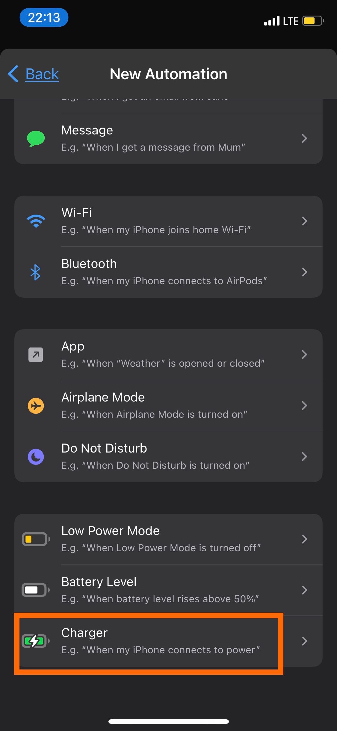 Automation options highlighting Charger in Shortcuts.