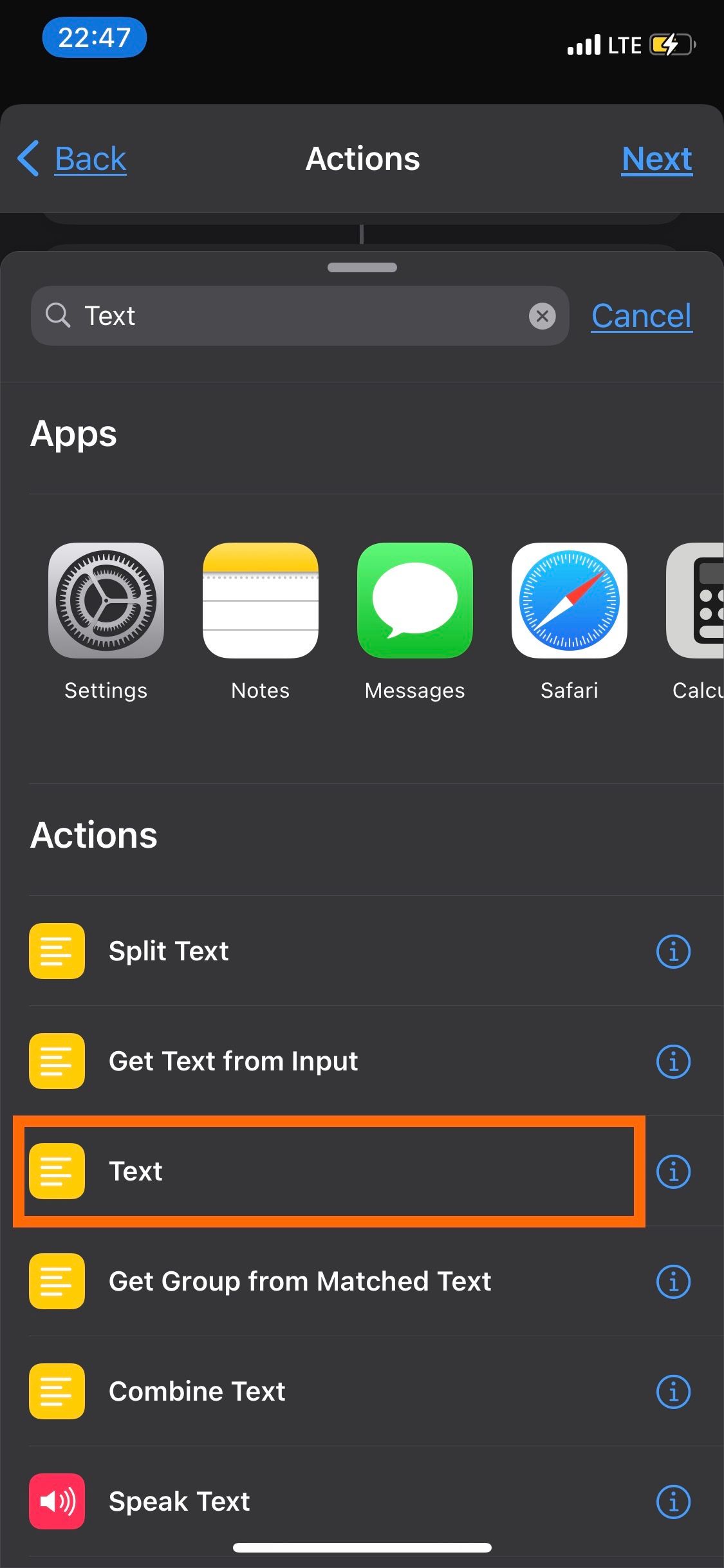 Text action in Shortcuts app.