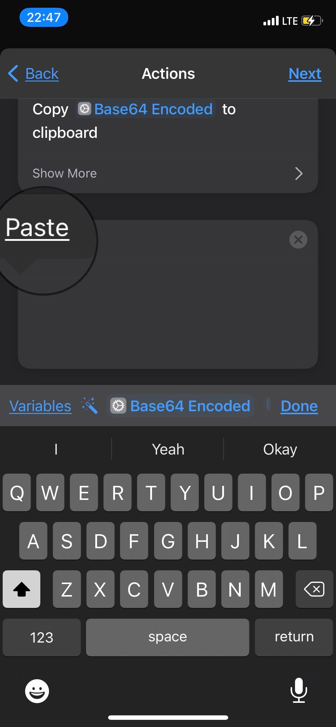 Paste option in Shortcuts app.
