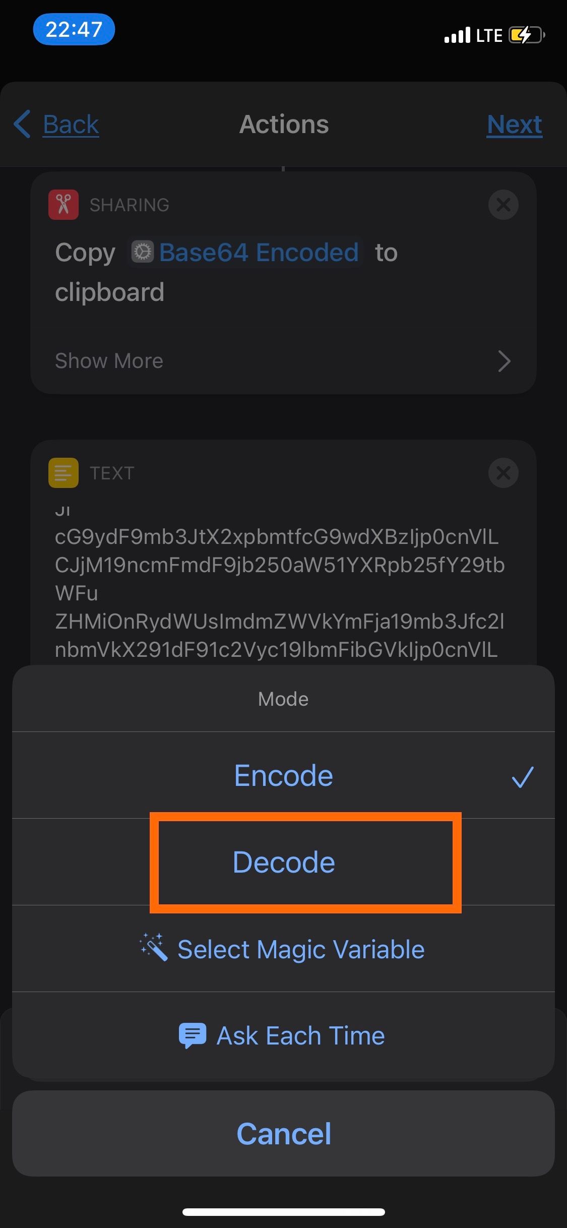 Decode option for Encode action in Shortcuts app.