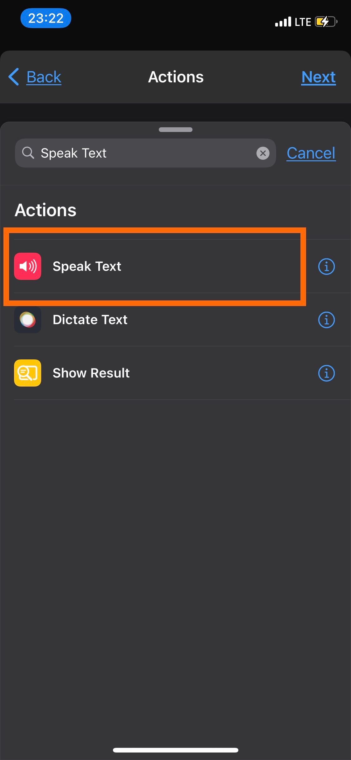Speak Text action in Shortcuts app.